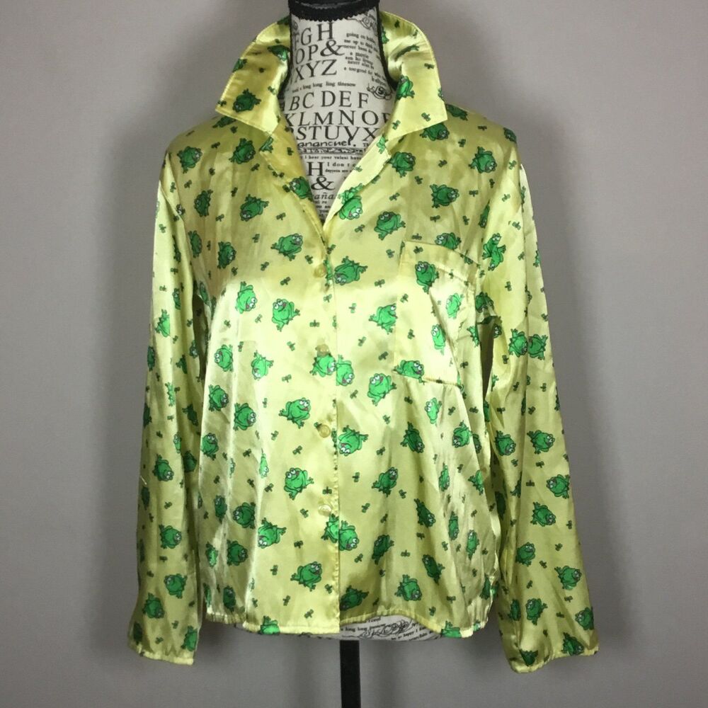 Yellow green frogs pj top satin button down soft pocket long sleeve frog M